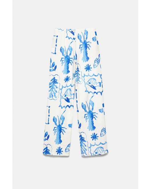 Pull&Bear Blue Flowing Marine Print Trousers