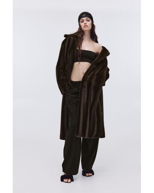 Pull&Bear Black Long Faux Fur Coat With Belt