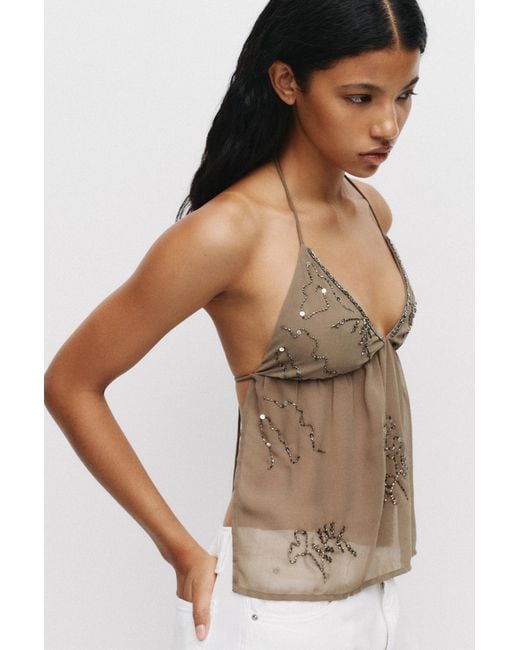 Pull&Bear Brown Beaded Top