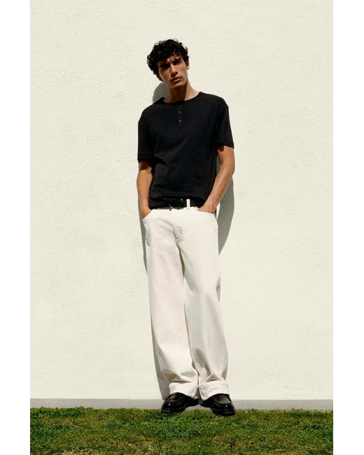 Pull&Bear Black Basic Henley T-Shirt for men