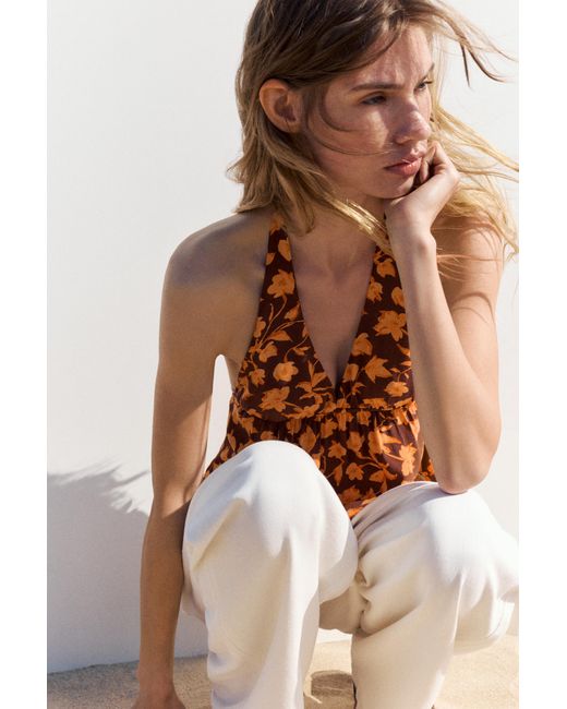 Pull&Bear Brown Floral Halter Top