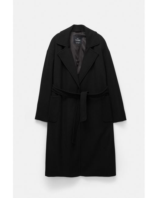 Pull&Bear Black Long Felt Coat With Belt