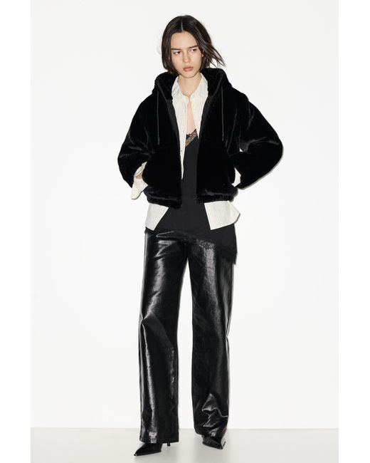 Pull&Bear Black Faux Fur Hooded Jacket