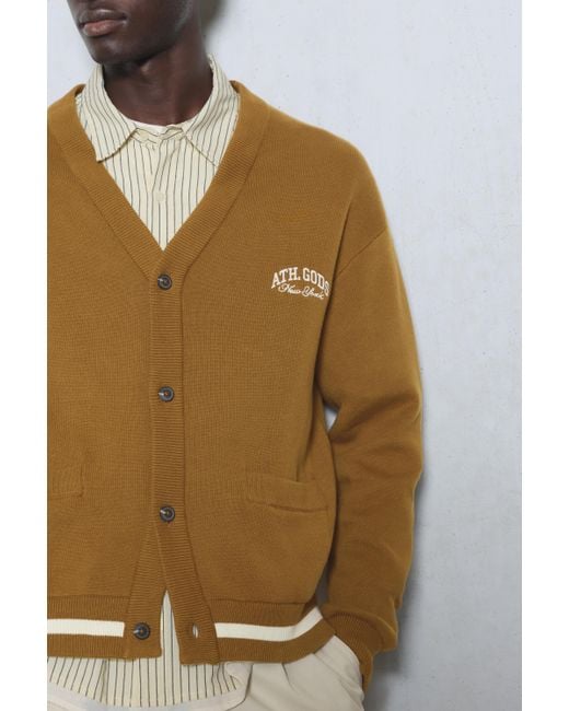 Pull&Bear Natural Embroidered Varsity Cardigan for men
