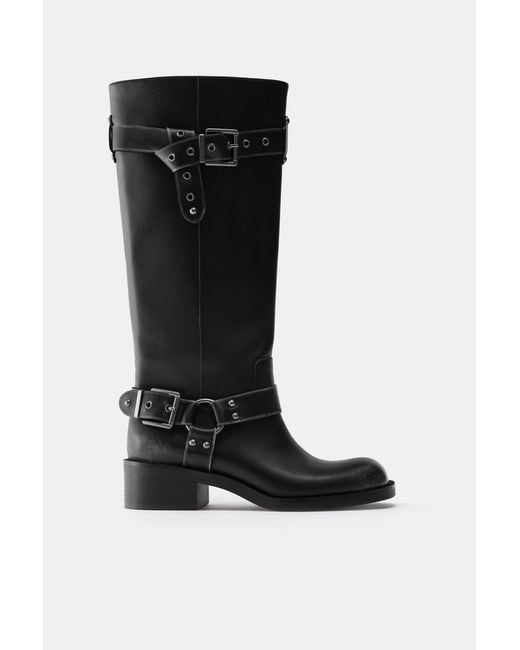 Pull&Bear Black Tall Distressed Biker Boots