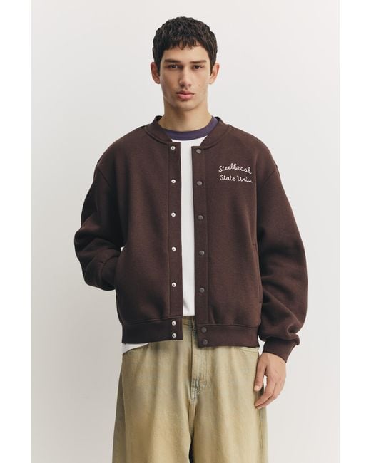 Pull&Bear Brown Embroidered Varsity Jacket for men