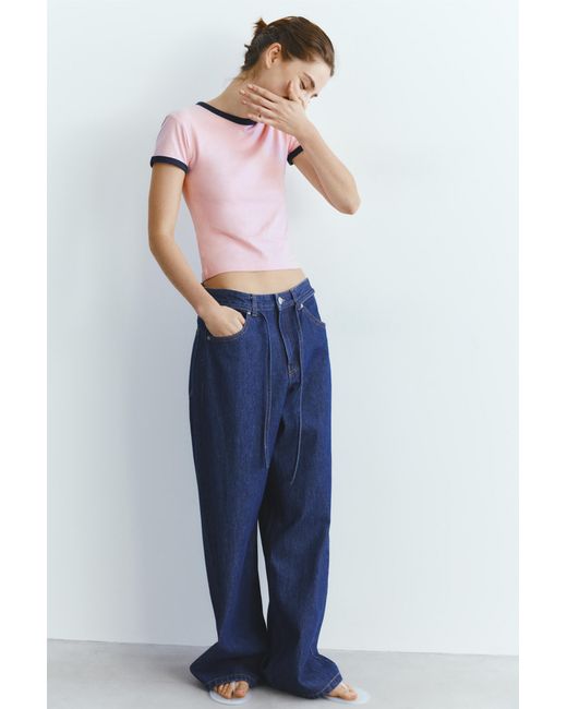 Pull&Bear Blue Short Sleeve Ribbed T-Shirt