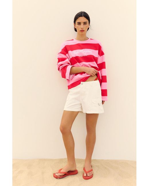 Pull&Bear Red Oversize Striped Sweatshirt