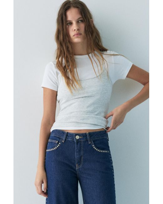 Pull&Bear Blue Wide-Leg Stud Jeans