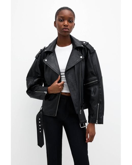 Pull&Bear Black 100% Leather Biker Jacket