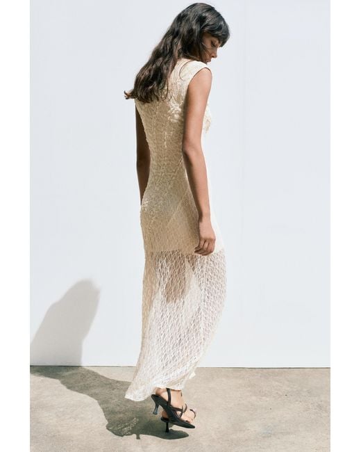 Pull&Bear Natural Fitted Lace Midi Dress