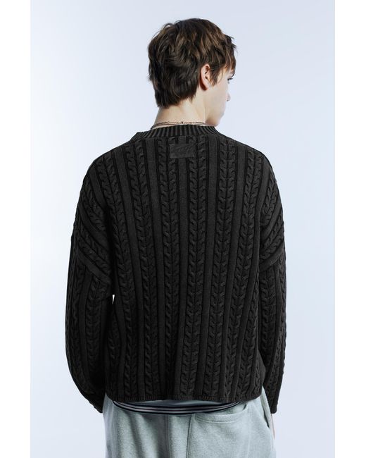 Pull&Bear Black Acid Wash Cable-Knit Sweater for men