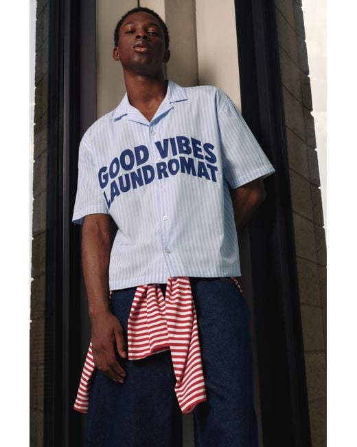 Pull&Bear Black Striped Text Short Sleeve Shirt for men