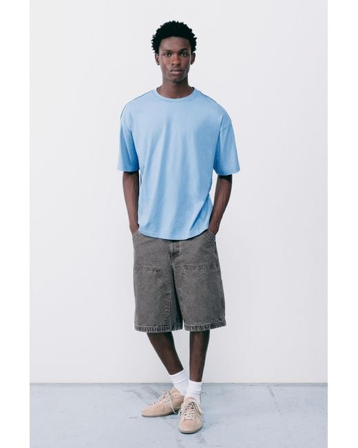 Pull&Bear Blue Relaxed Fit Overlock T-Shirt for men