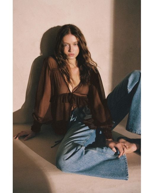 Pull&Bear Brown Sheer Blouse With Ruffle