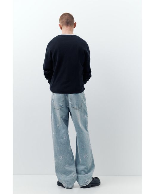 Pull&Bear Gray Stwd Embroidered Baggy Jeans for men