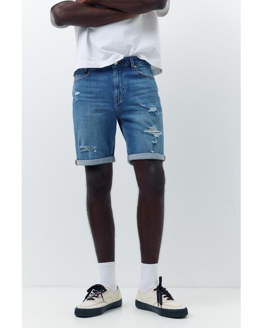 Pull&Bear Blue Ripped Denim Bermuda Shorts for men