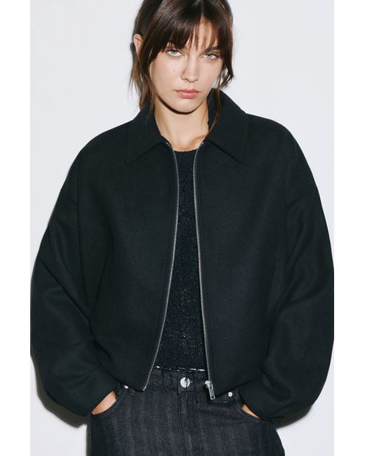 Pull&Bear Black Short Tailored Fit Felt Texture Jacket