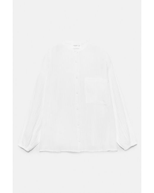 Pull&Bear White Stand Collar Voile Effect Shirt
