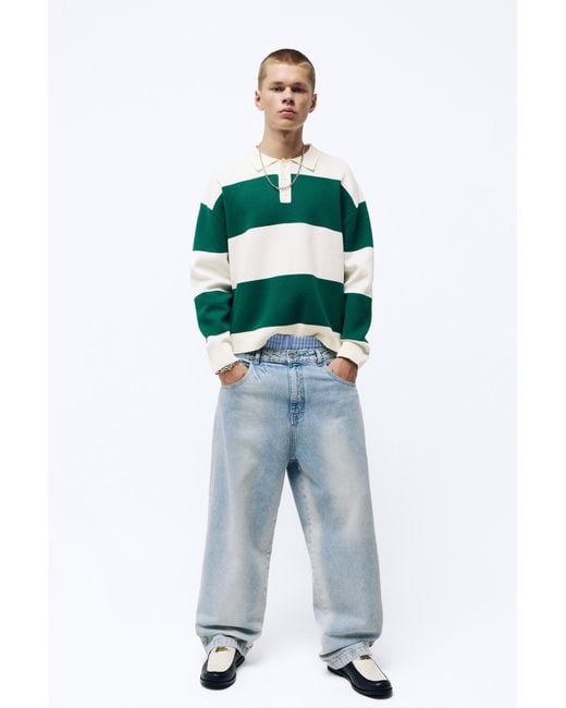 Pull&Bear Green Long Sleeve Striped Polo Shirt for men
