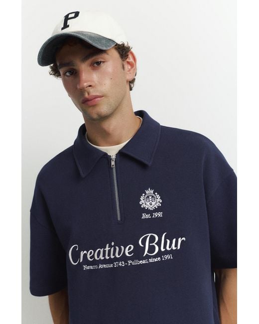 Pull&Bear Blue Graphic Zip Interlock Polo Shirt for men