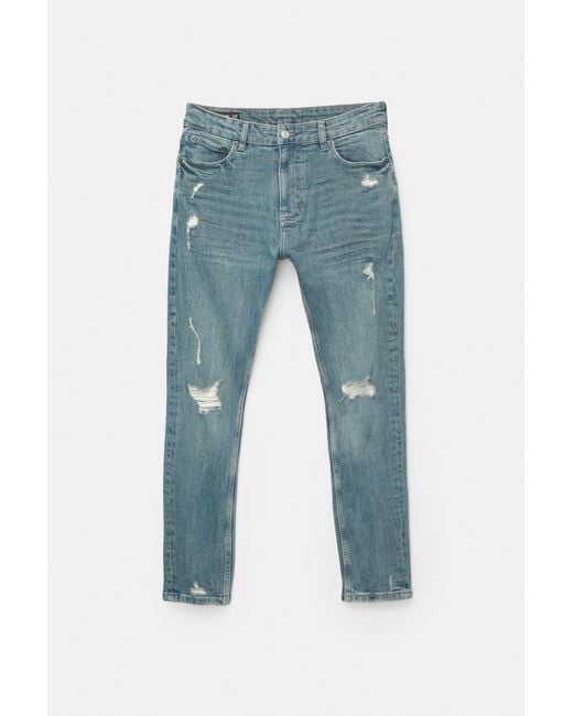 Pull&Bear Blue Ripped Skinny Jeans for men
