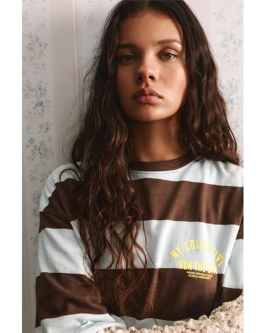 Pull&Bear Brown Striped 'Ny' Text T-Shirt