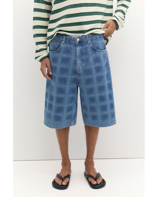 Pull&Bear Blue Laser Print Skater Denim Bermuda Shorts for men