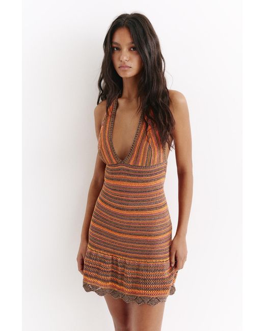 Pull&Bear Brown Short Striped Crochet Dress