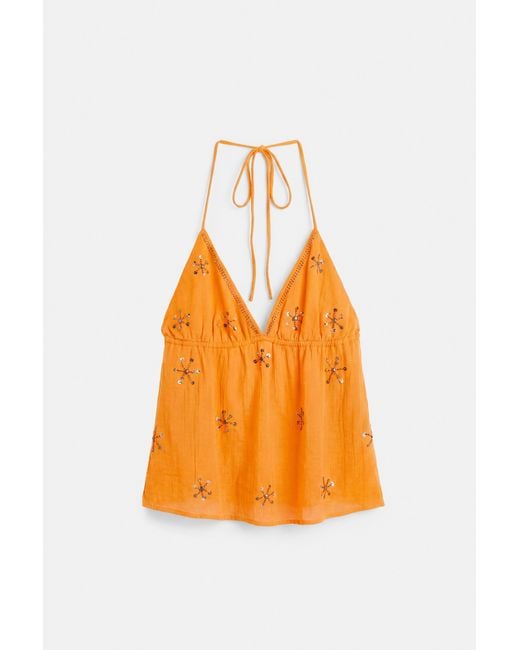 Pull&Bear Haltertop Met Kralen in het Orange