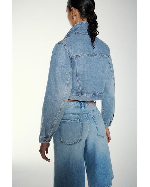 Pull&Bear Cropped Denim Jack Met Strass in het Blue