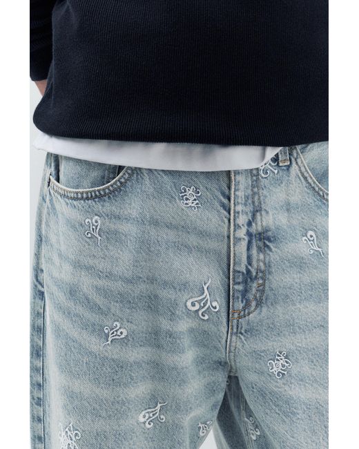 Pull&Bear Gray Stwd Embroidered Baggy Jeans for men