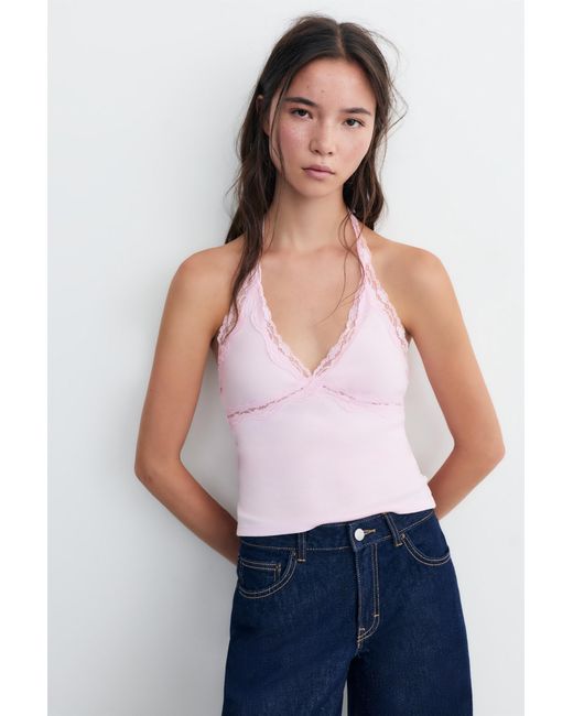 Pull&Bear White Lace-Trimmed Halter Top