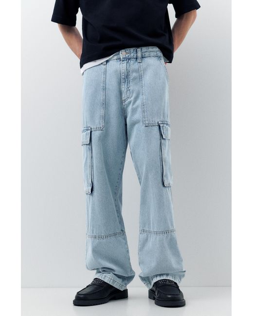 Pull&Bear Blue Baggy Cargo Jeans for men