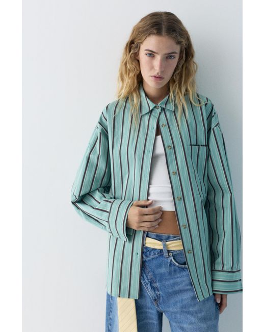 Pull&Bear Gray Striped Shirt With Pocket