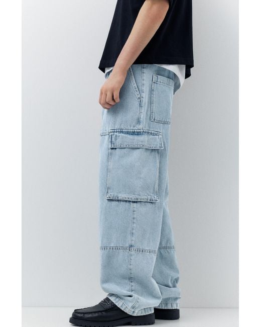 Pull&Bear Blue Baggy Cargo Jeans for men