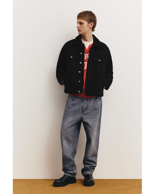 Pull&Bear Black Denim Jacket With Faux Shearling Collar for men