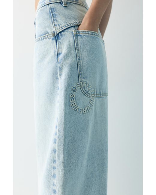 Pull&Bear Blue Embroidered Barrel Jeans