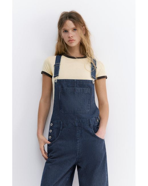 Pull&Bear Blue Long Striped Denim Dungarees