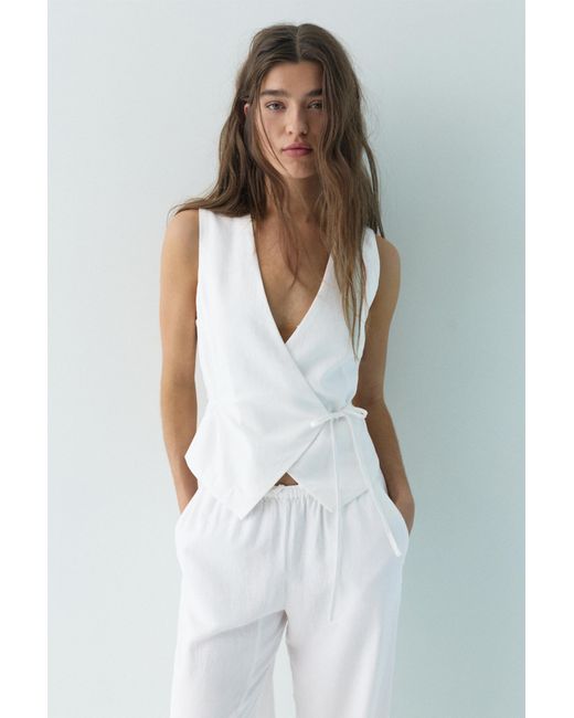 Pull&Bear White Rustic Linen-Blend Vest