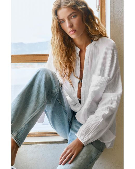 Pull&Bear White Stand Collar Voile Effect Shirt