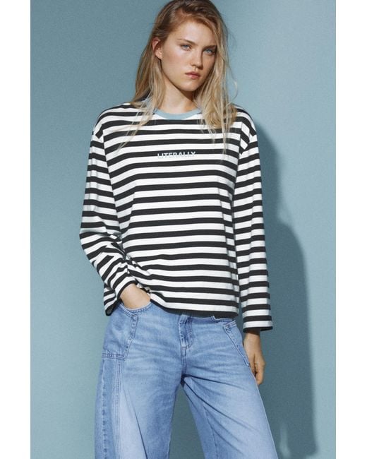 Pull&Bear Oversized Gestreept T-Shirt in het Gray