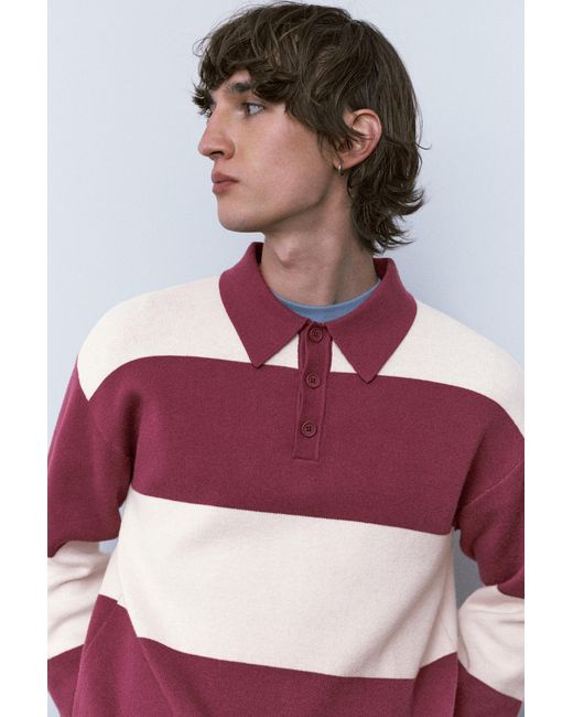 Pull&Bear Red Paneled Knit Polo Shirt for men