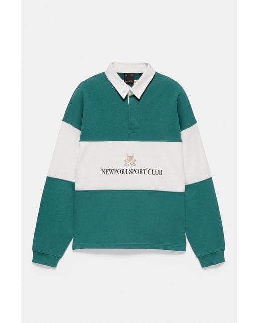 Pull&Bear Gray Newport Sport Club Long Sleeve Polo Shirt for men