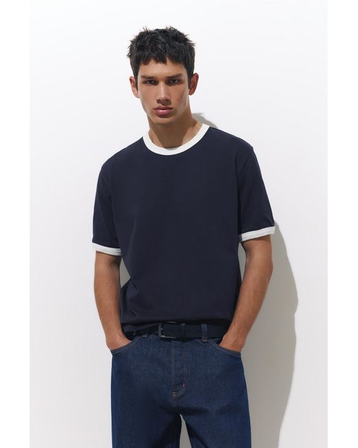 Pull&Bear Blue Contrast Trim T-Shirt for men