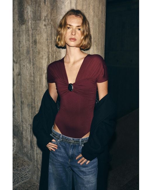Pull&Bear Gray Draped Applique Bodysuit