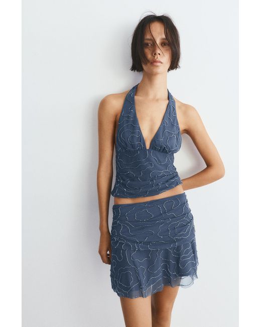Pull&Bear Blue Beaded Tulle Halter Top