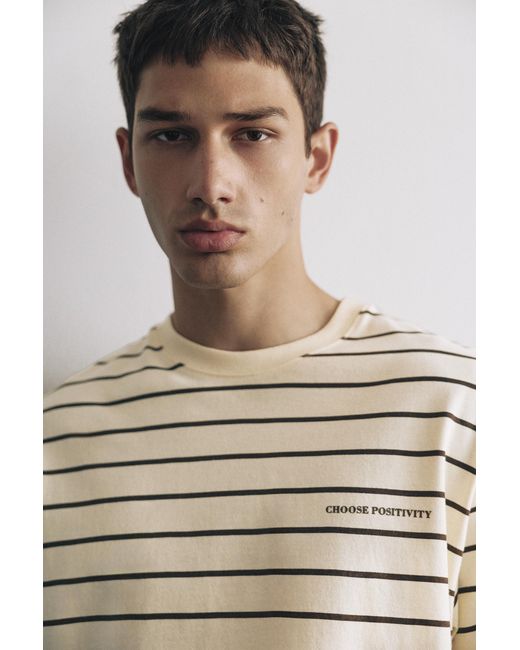 Pull&Bear Natural Striped Slogan T-Shirt for men