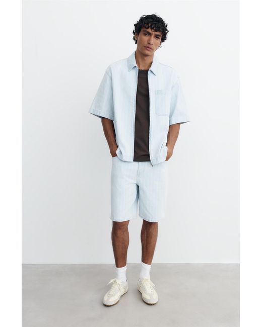 Pull&Bear White Zip-Up Denim Shirt for men