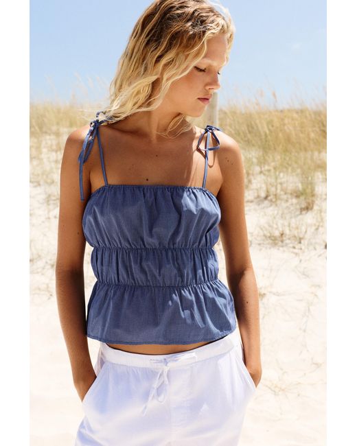 Pull&Bear Blue Checked Gathered Strappy Top